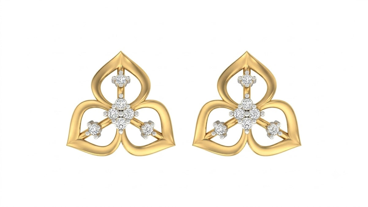 Yellow gold and diamond stud earrings on a white background.