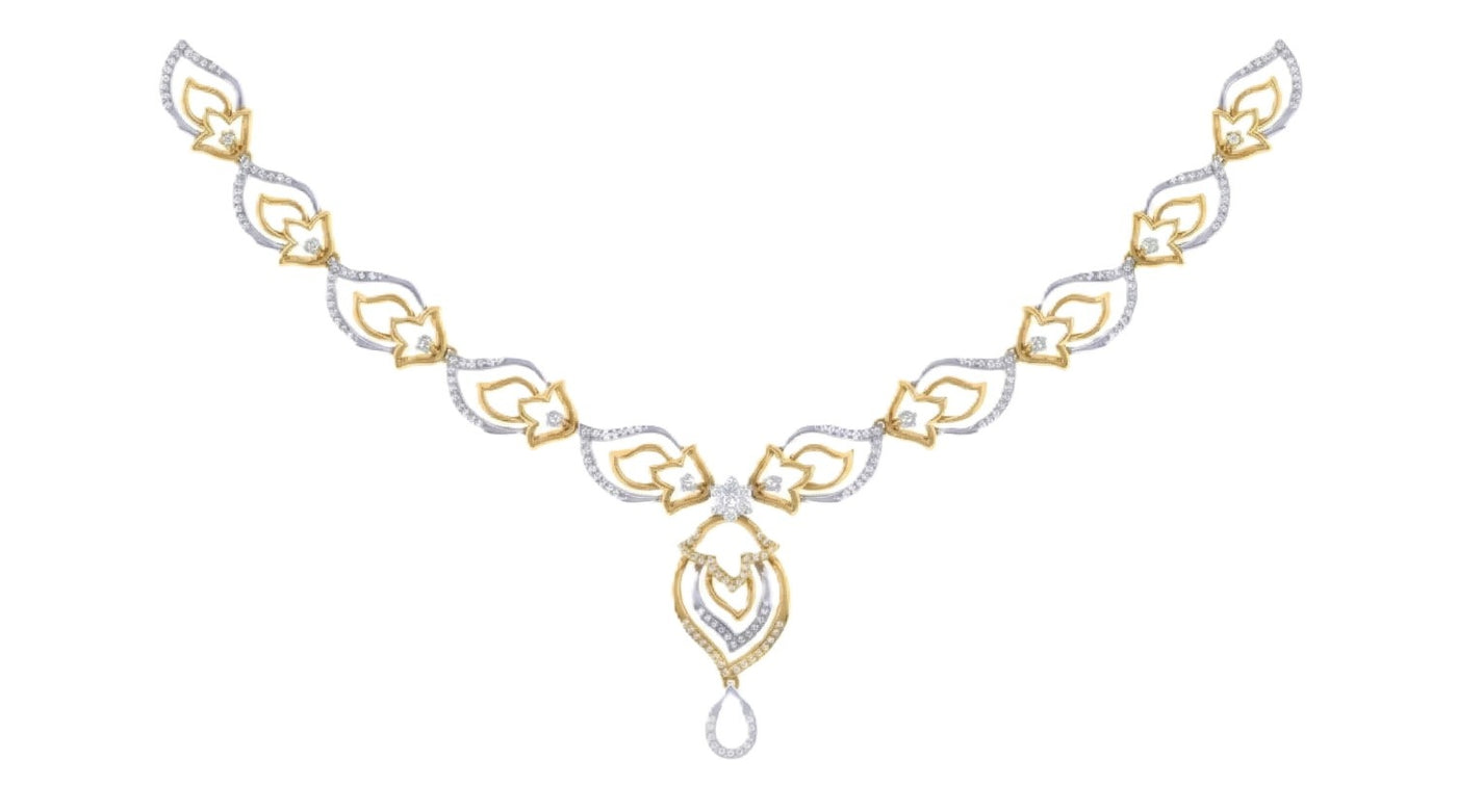 Yellow gold and white necklace with a central on a white background