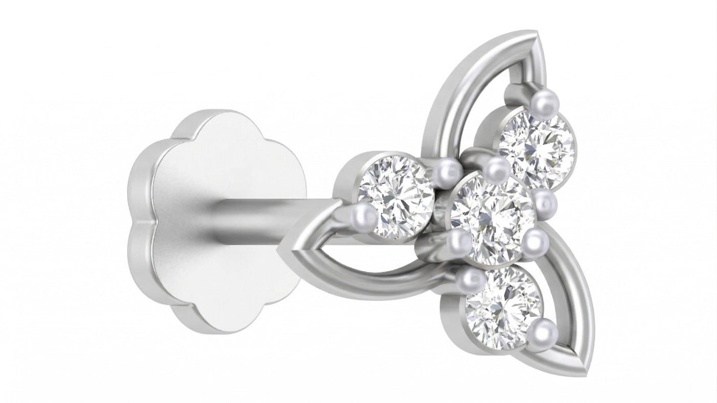 white gold and diamond stud nose pin on a white background