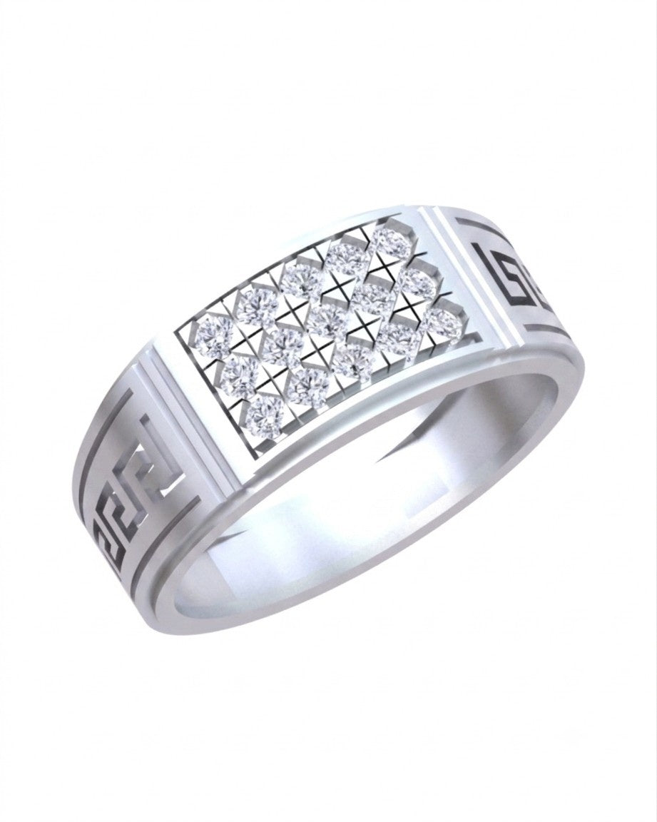 A men's white gold ring with a rectangular pavé diamond center, shown on a plain white background.