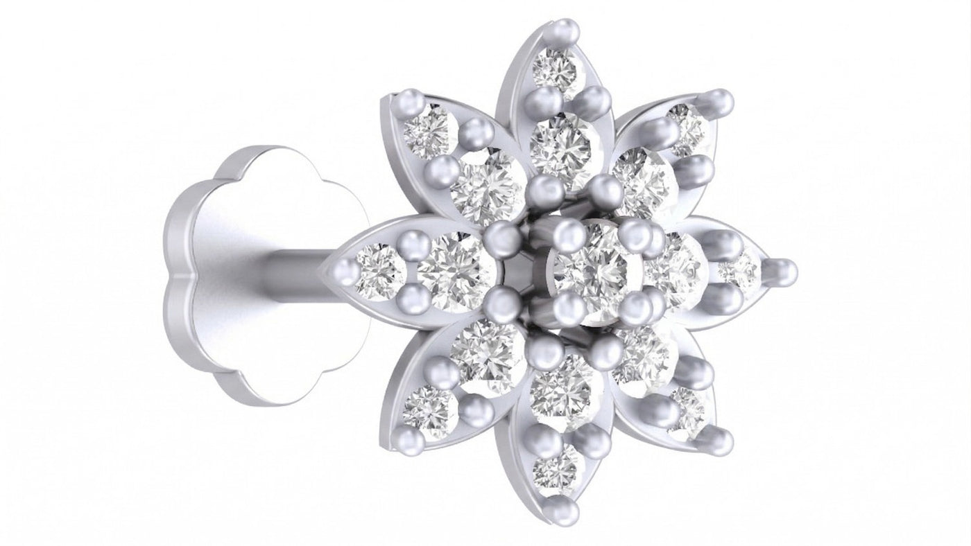 white gold and diamond stud nose pin on a white background
