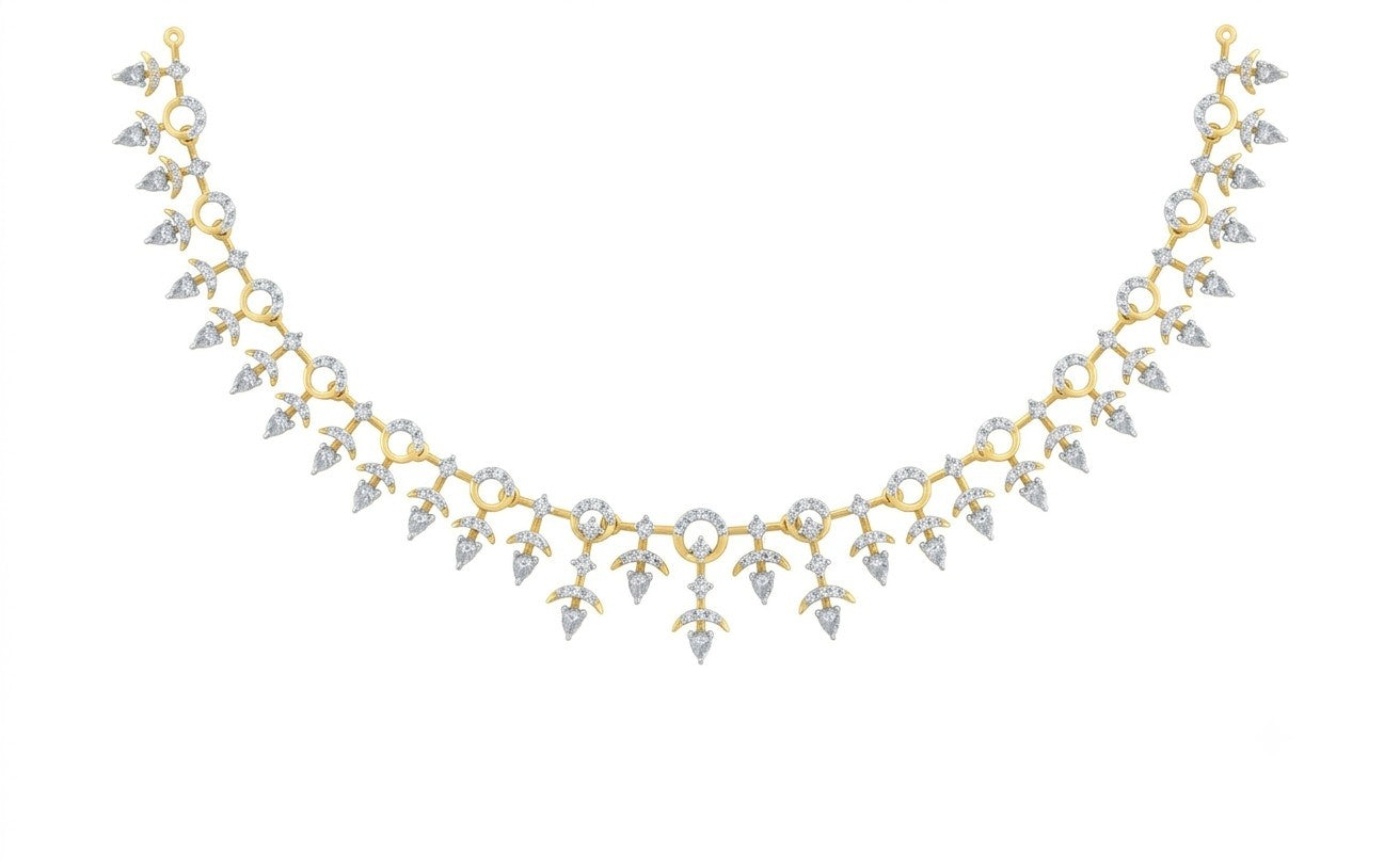 A yellow gold and diamond necklace with a repeating leaf motif, displayed on a solid white background.