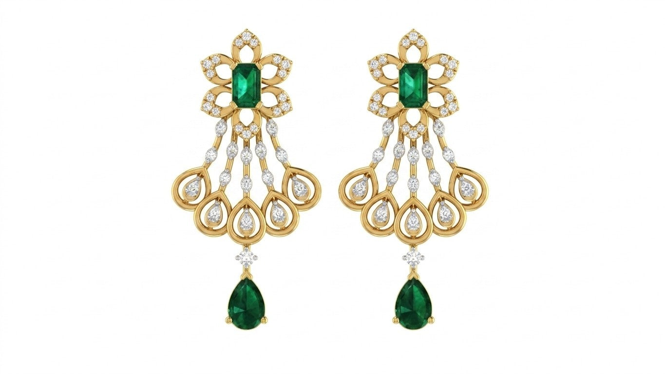 Pair of chandelier yellow gold earrings with green gemstones on a white background
