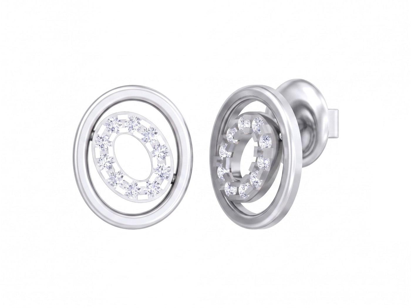 White gold and diamond earrings with circular design on a white background