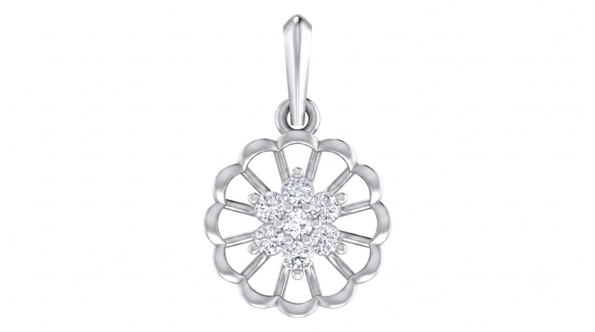 white gold floral pendant with clear gemstone on a white background