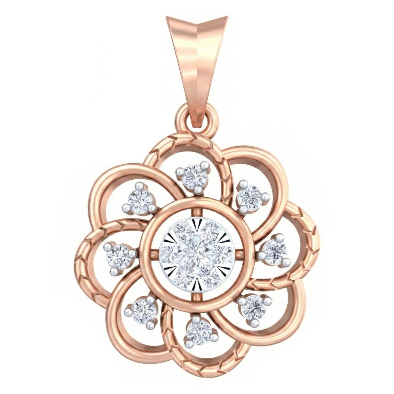 Rose gold pendant with diamond accents on a white background