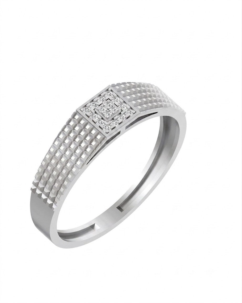 A white gold ring with a textured geometric band and a square diamond cluster, shown against a plain white background.