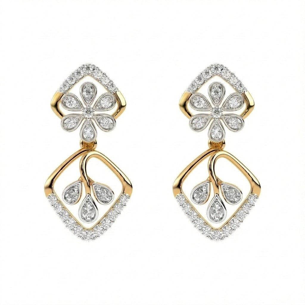 A pair of yellow gold earrings with diamond accents, featuring a floral and geometric pattern.