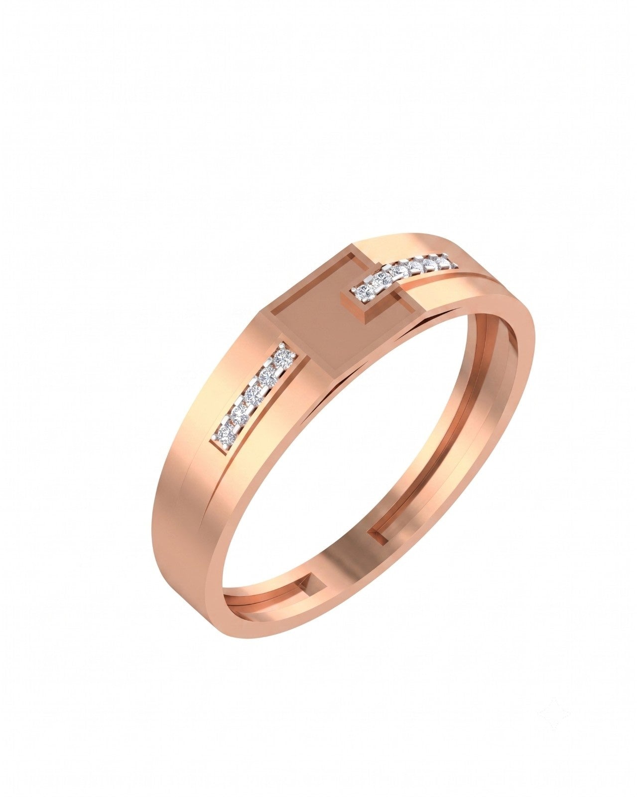 A rose gold and diamond men ring with a geometric design, shown on a plain white background.