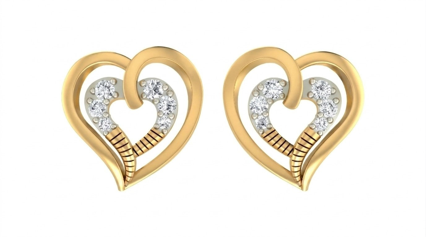 Yellow gold and diamond heart-shaped stud earring on a white background.