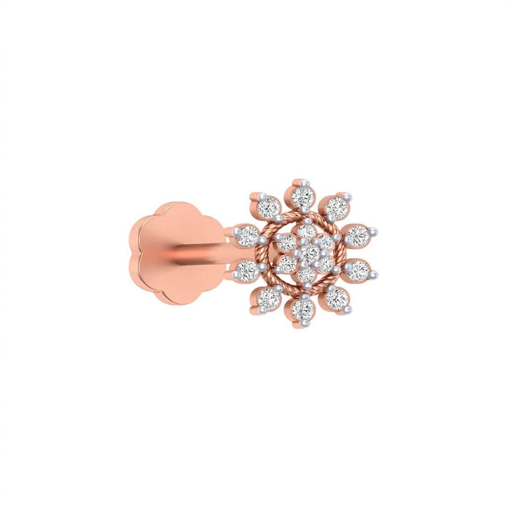 Rose gold and diamond stud nose pin-like stones on a white background