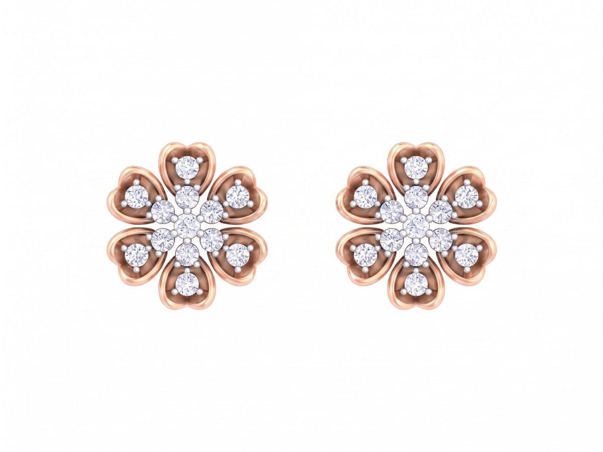 Rose gold and diamond stud earring with floral-design on a white background