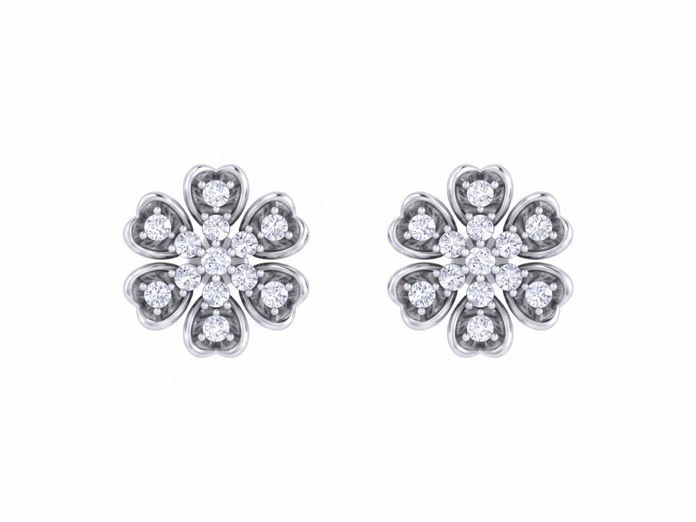 White gold and diamond stud earring with floral-design on a white background