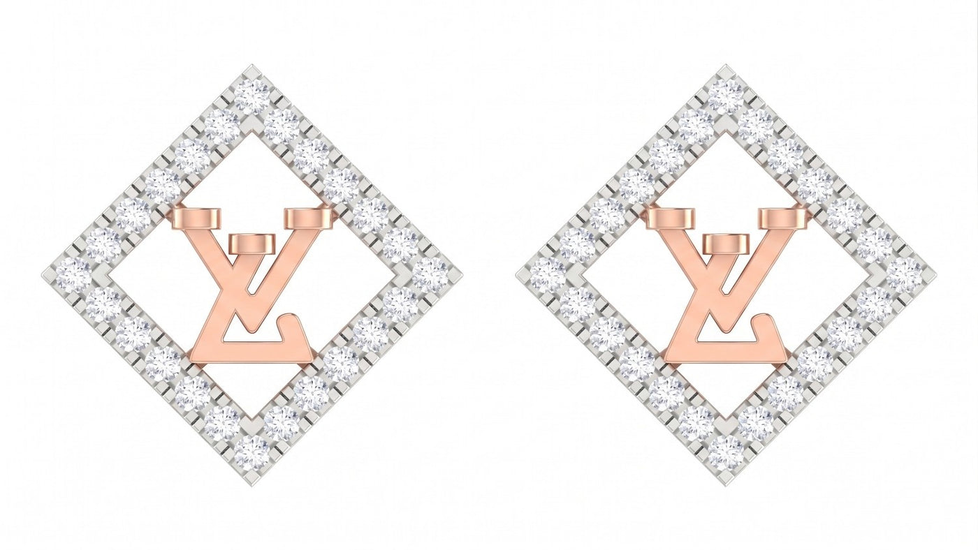 Rose gold and diamond stud earring with square-shaped on a white background.