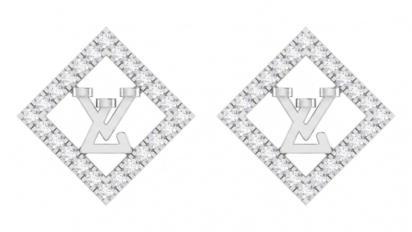 White gold and diamond stud earring with square-shaped on a white background.