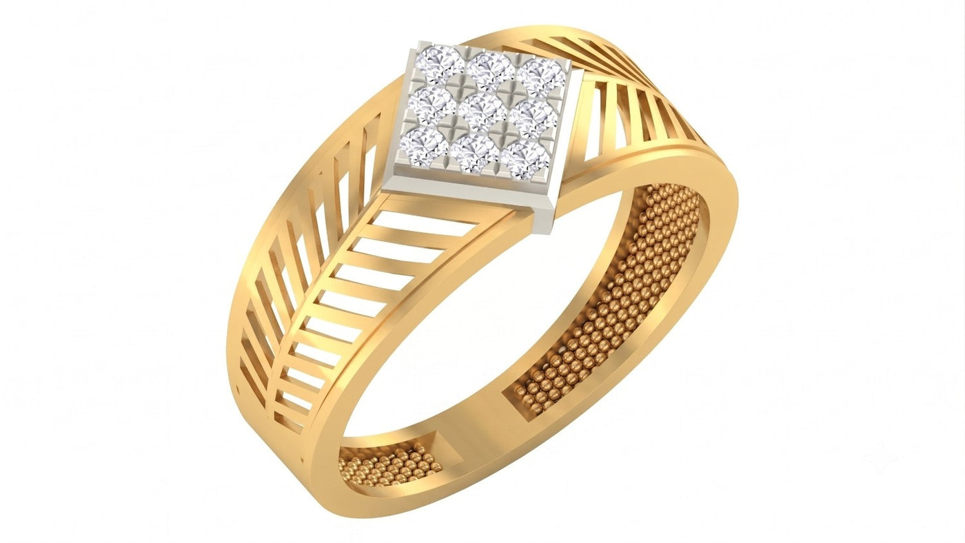 A yellow gold ring with a square-cut diamond cluster setting, shown on a plain white background.