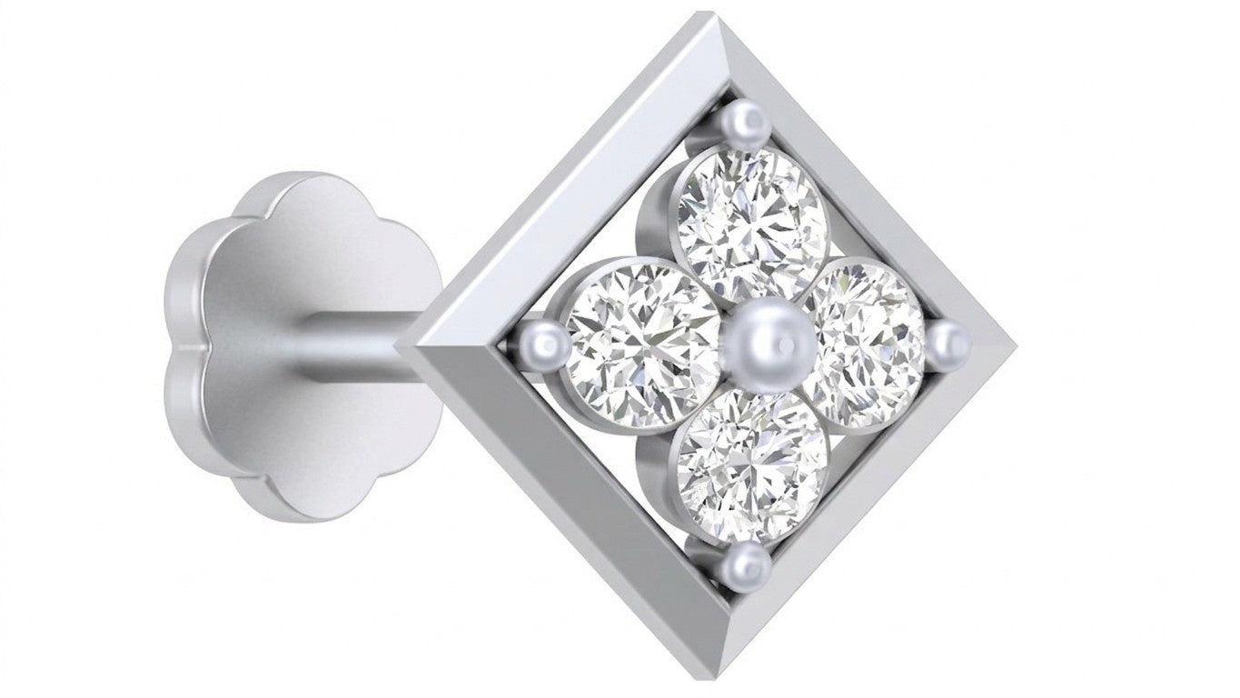 white gold and diamond stud nose pin with three diamonds on a purple white background