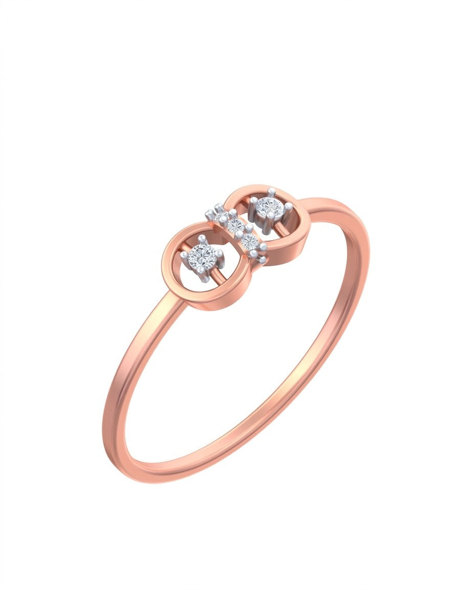 Rose gold ring with diamond accents on a white background


