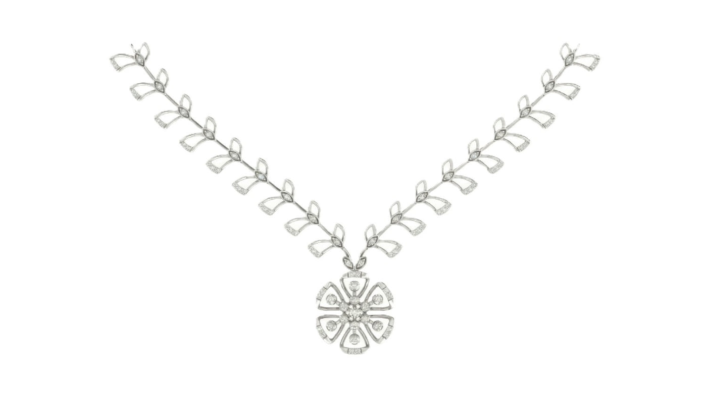 White gold necklace with a snowflake design on a white background