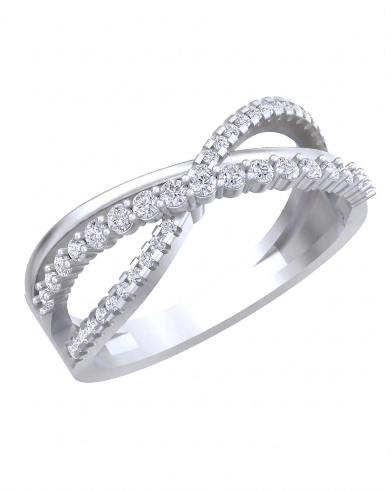 White gold and diamond infinity ring on a white background.