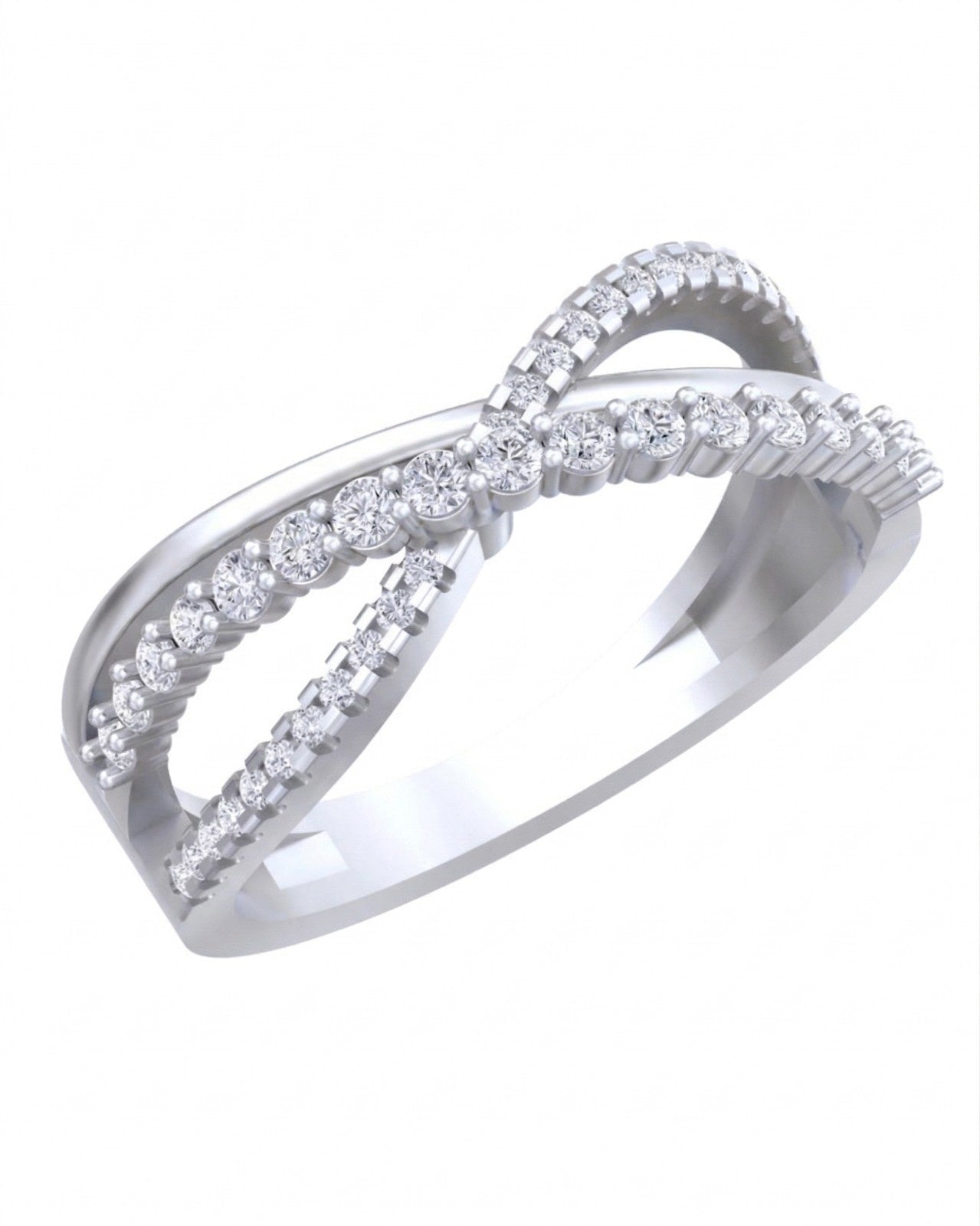White gold infinity ring with diamonds on a white background