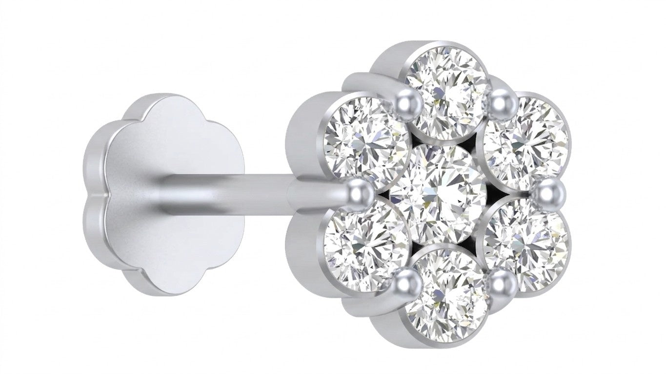 White gold and diamond stud nose pin with clear gemstones on a white background