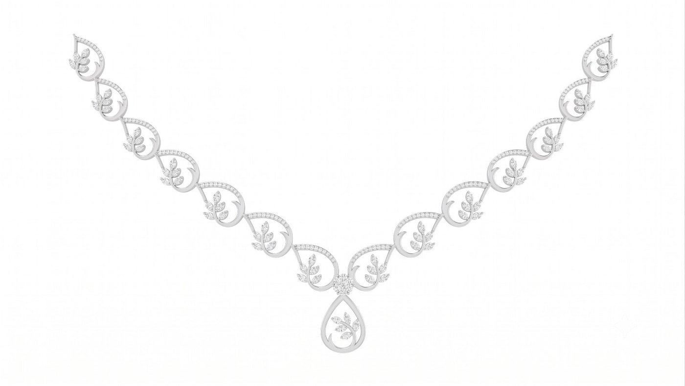 White gold and diamond necklace featuring a teardrop shaped on a plain white background.
