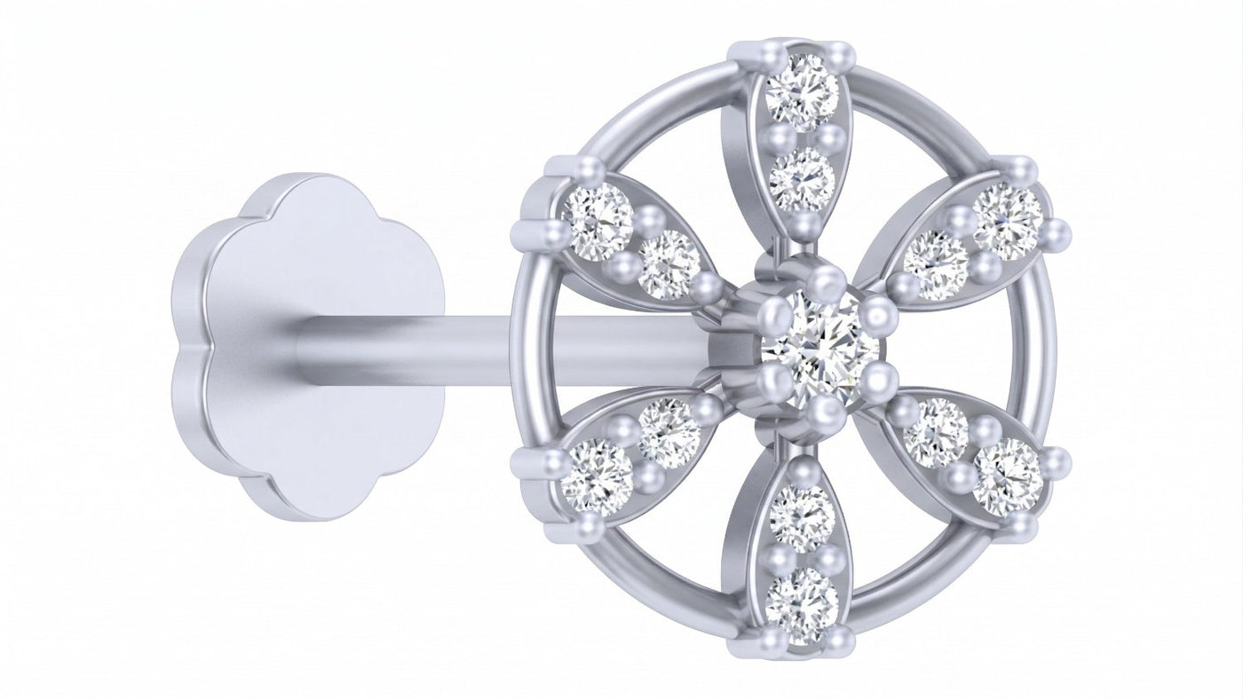 White Gold and diamond stud nose pin accents on a white background