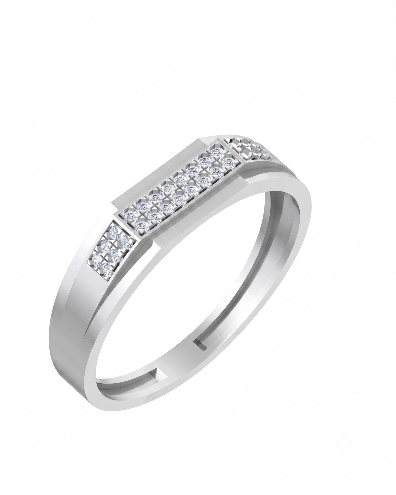 White gold and diamond band mens ring on a white background.