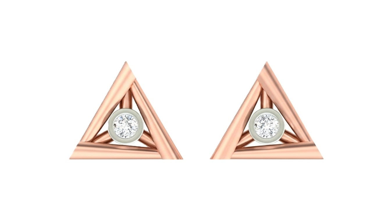 Rose gold and diamond triangle-shaped stud earrings on a white background