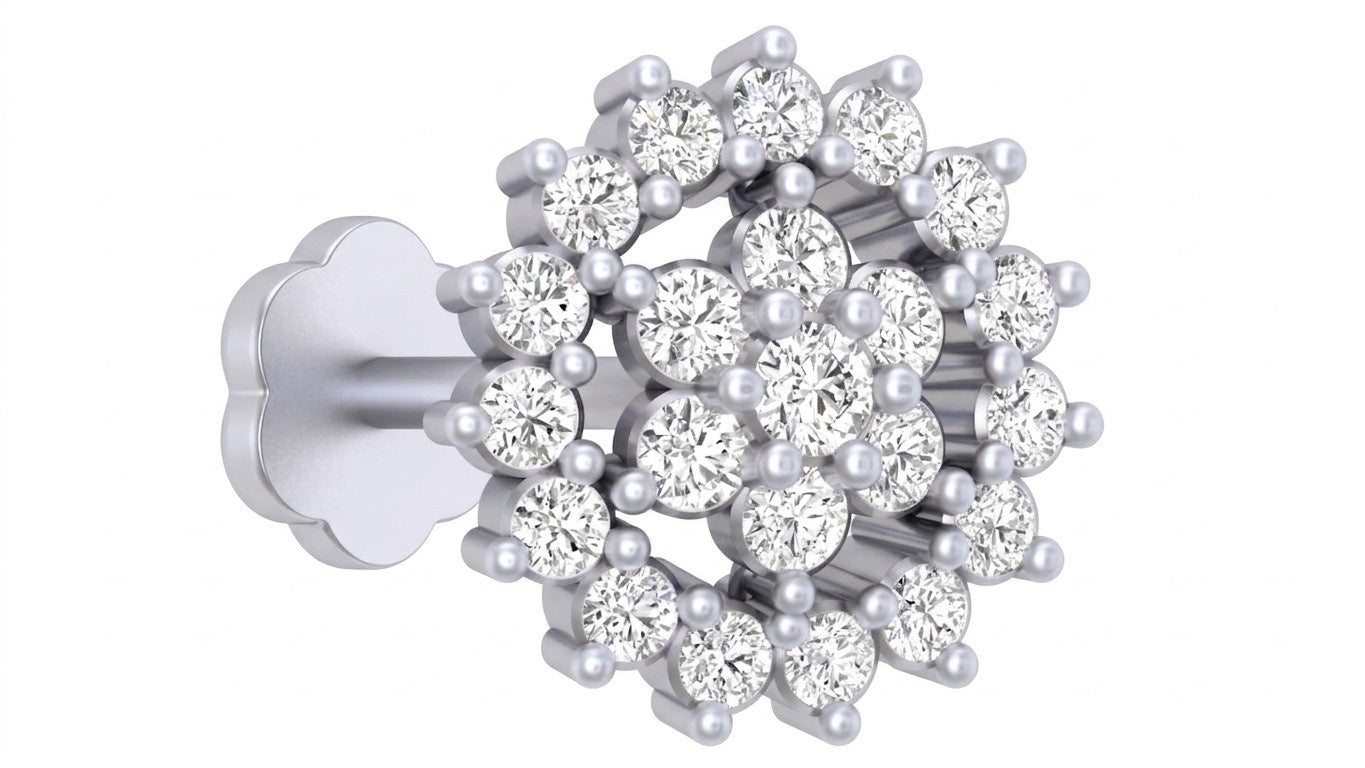 white gold and diamond stud nose pin with clear gemstones on a white background