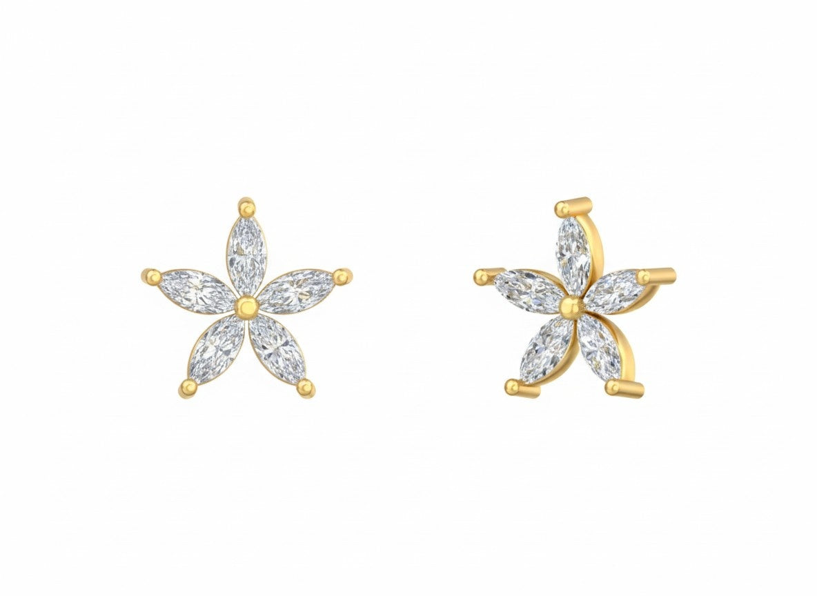 Yellow gold and diamond stud earring with floral-design on a white background