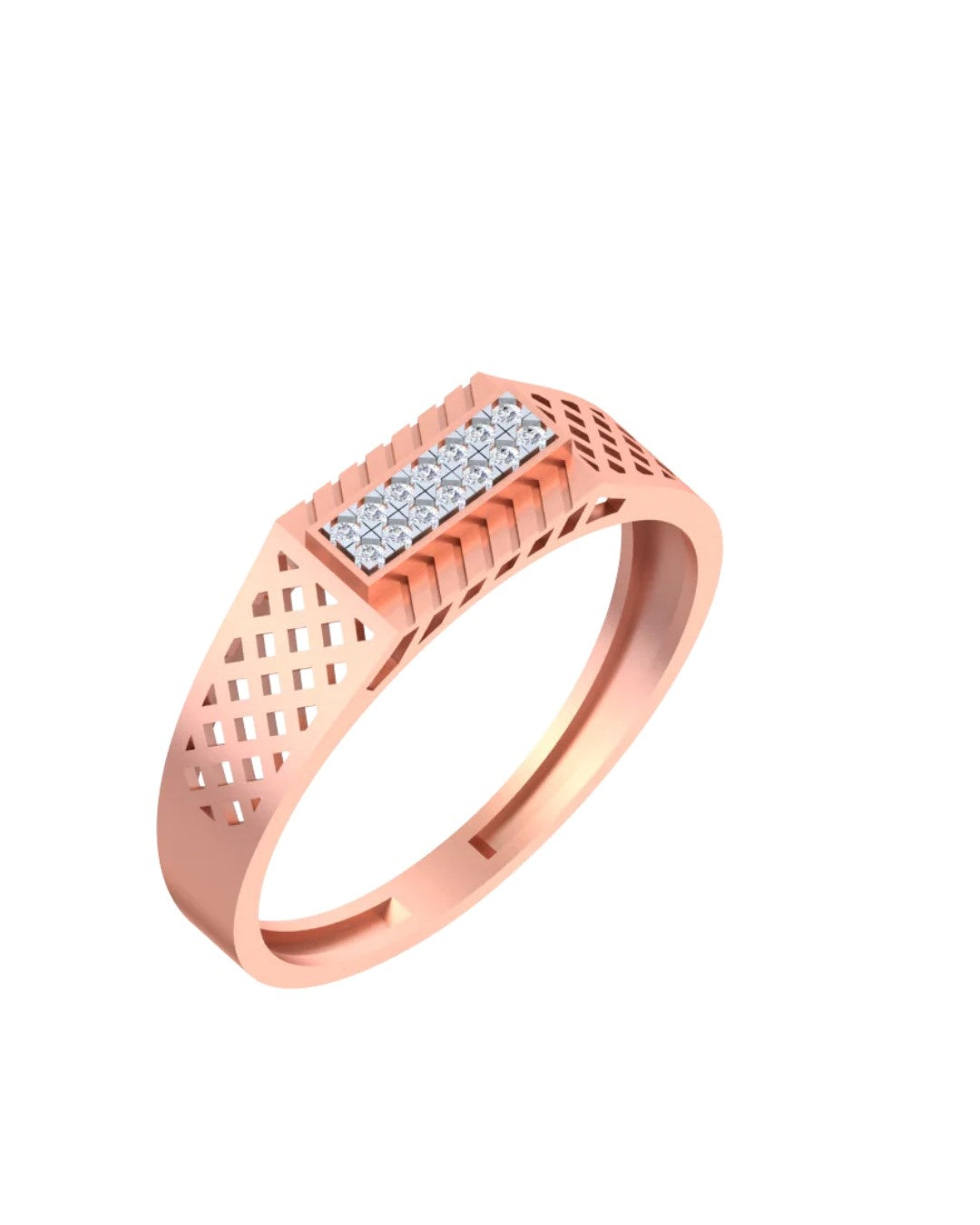 A rose gold and diamond ring with a textured, openwork geometric band, shown on a plain white background.