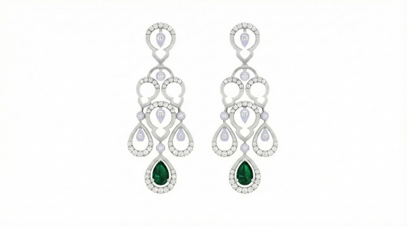White gold and diamond teardrop-shaped earrings with clear gemstones on a white background.