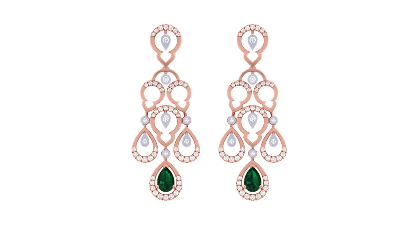 Rose gold and diamond teardrop-shaped earrings with clear gemstones on a white background.