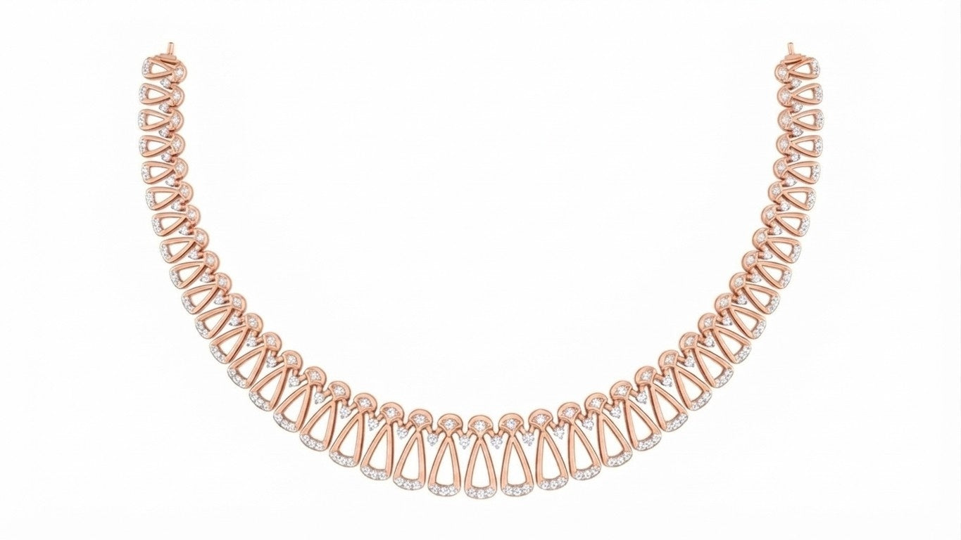 A rose gold and floral necklace with a repeating pattern of teardrop-shaped, displayed against a solid white background.