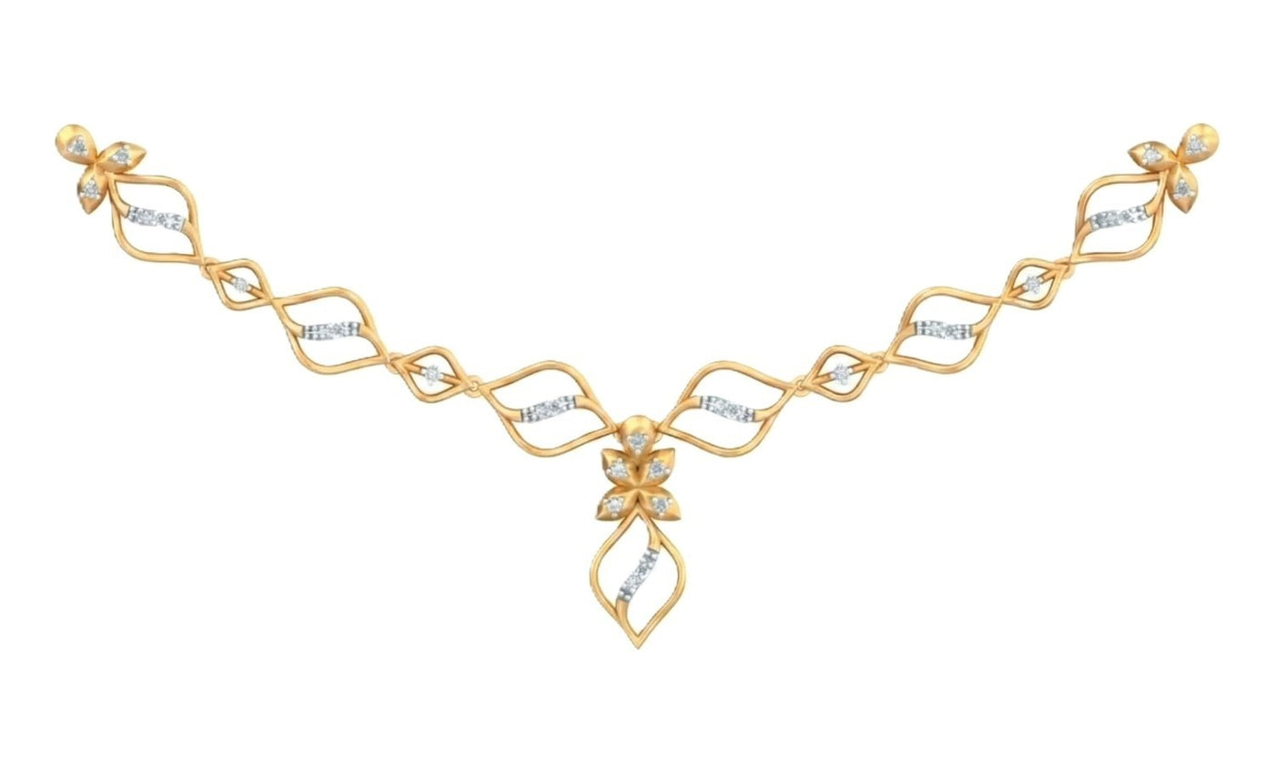 A yellow gold necklace featuring a symmetrical design with diamond accents, displayed on a solid white background.