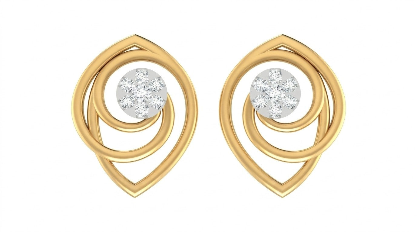 Yellow gold and diamond earrings with circular designs on a white background.