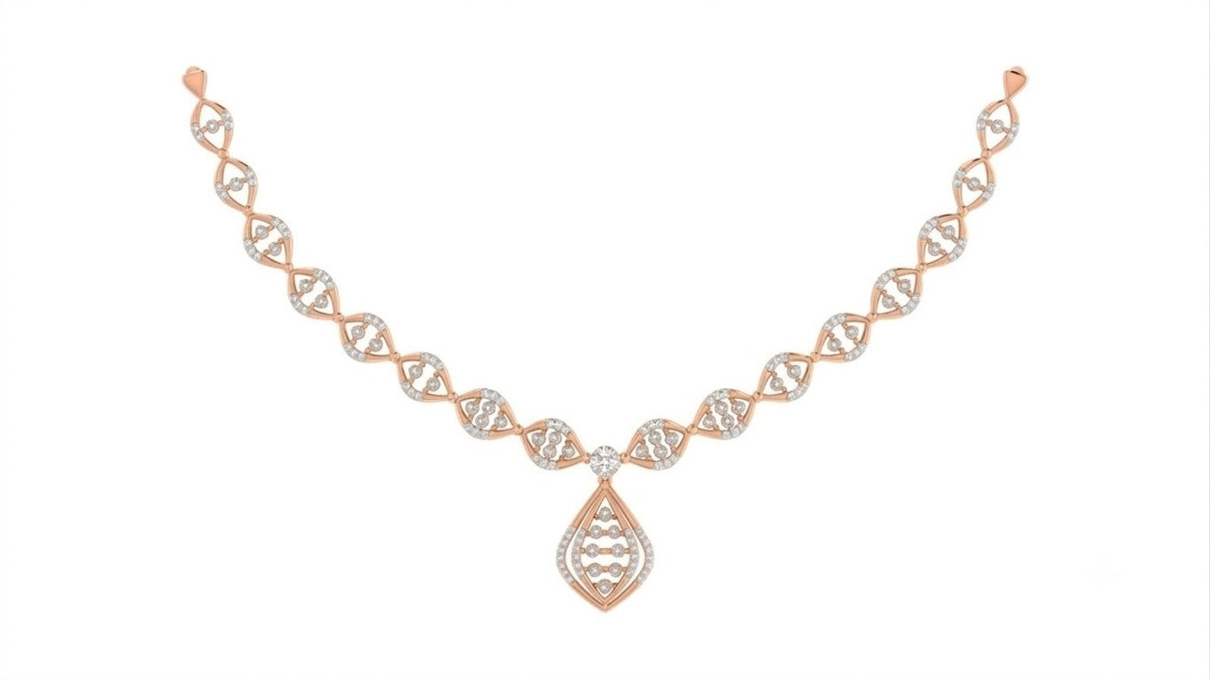 A rose gold and diamond necklace featuring a central teardrop, displayed on a solid white background.