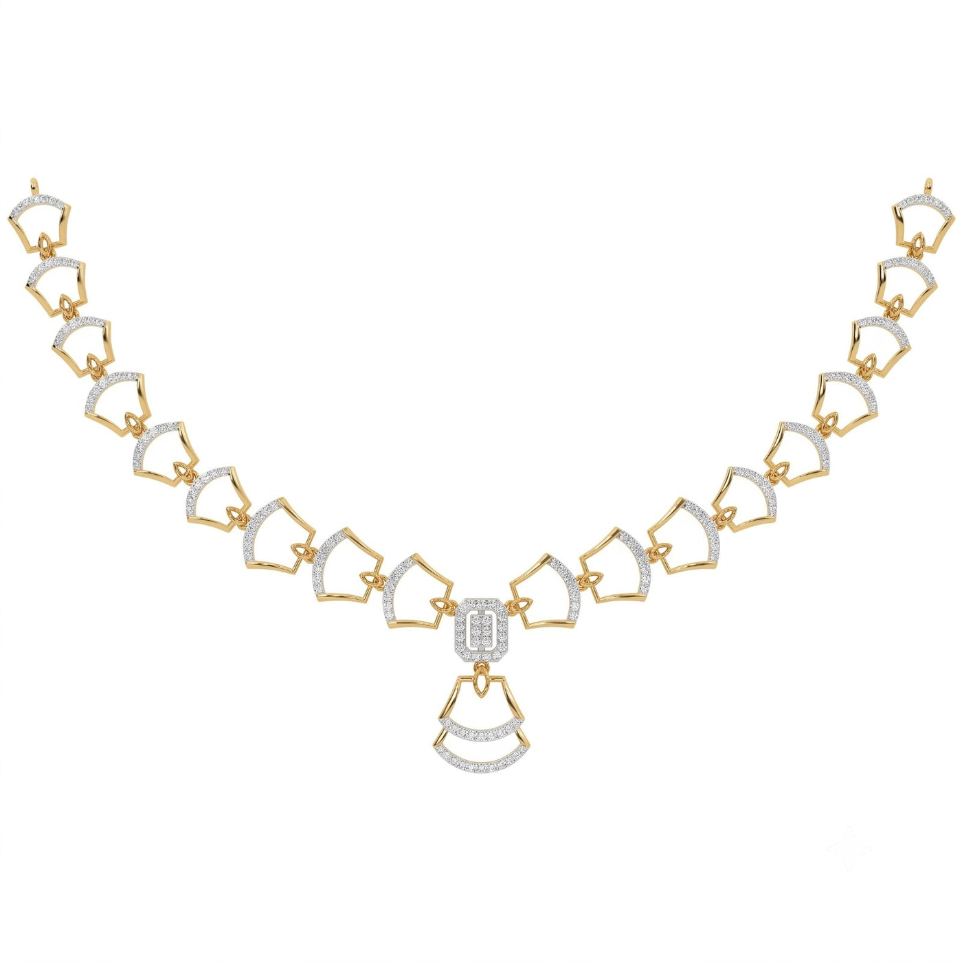 Yellow gold and diamond necklace with a geometric design on a white background.