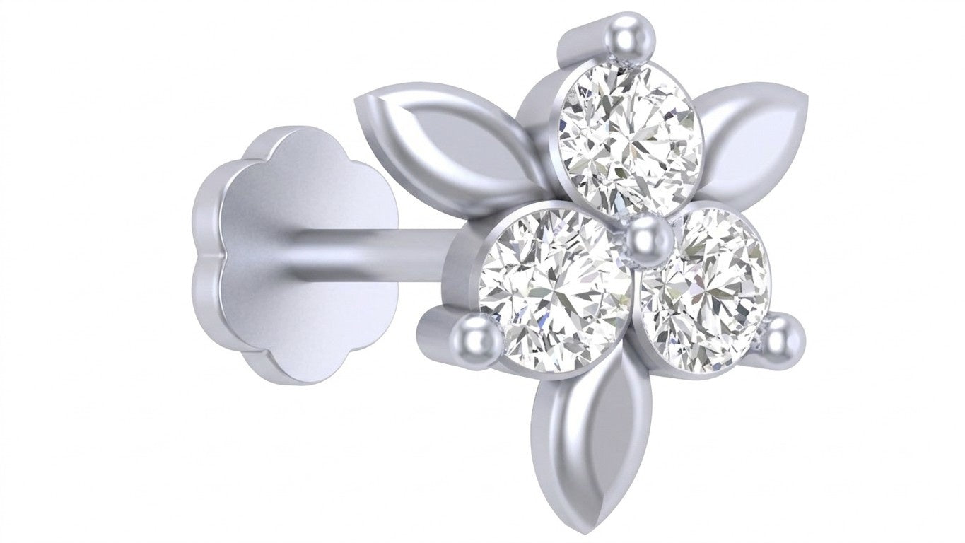 White gold and diamond stud nose pin on a white background