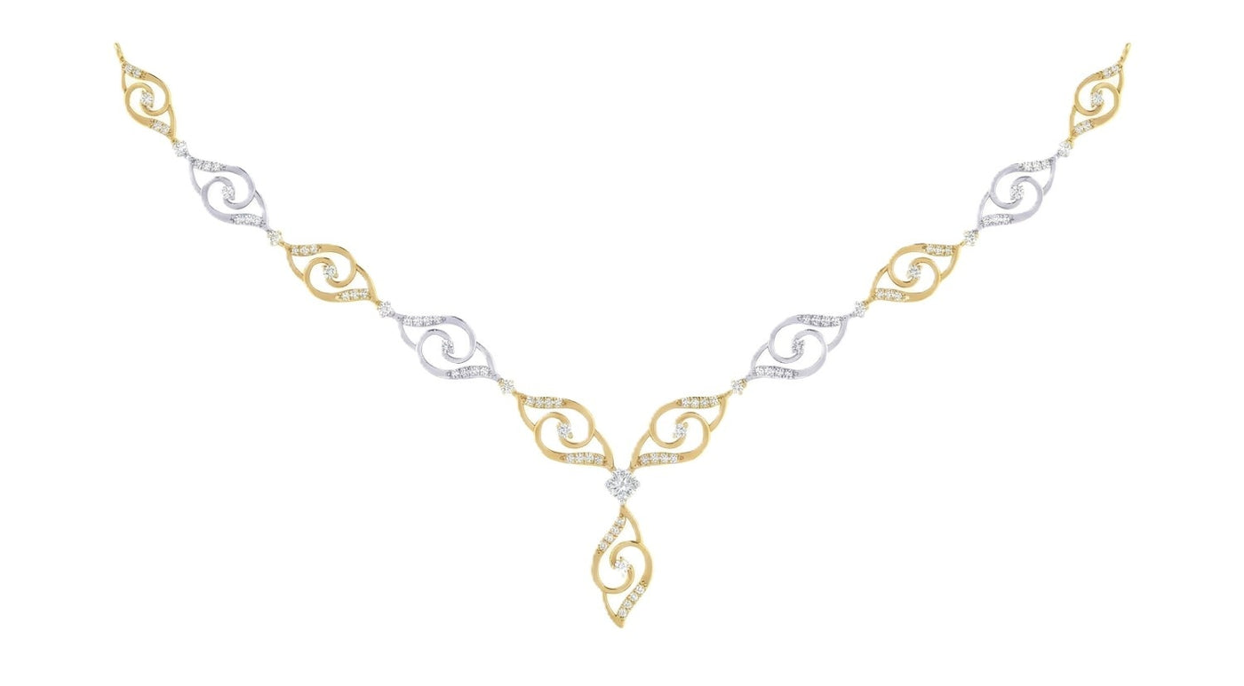 Yellow gold and diamond necklace on a white background