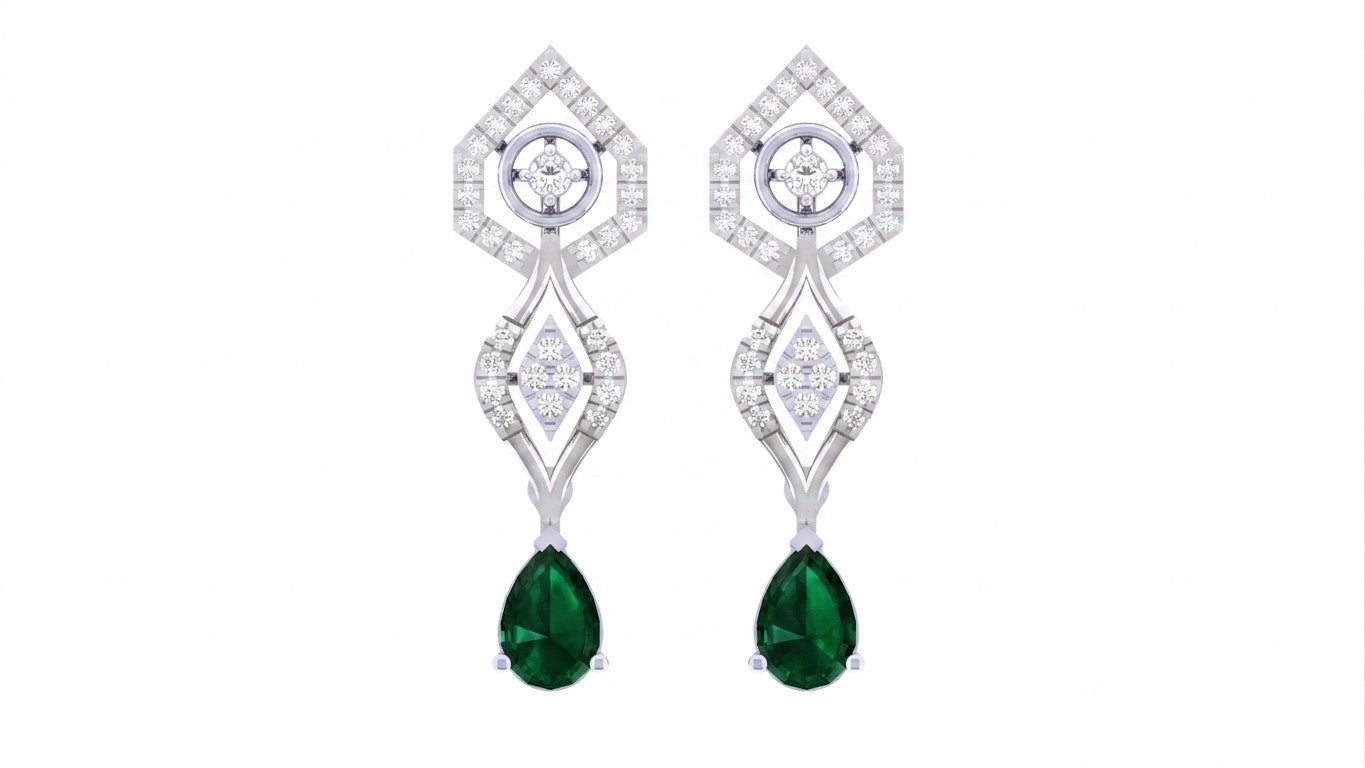 White gold and diamond earrings with green gemstones on a white background