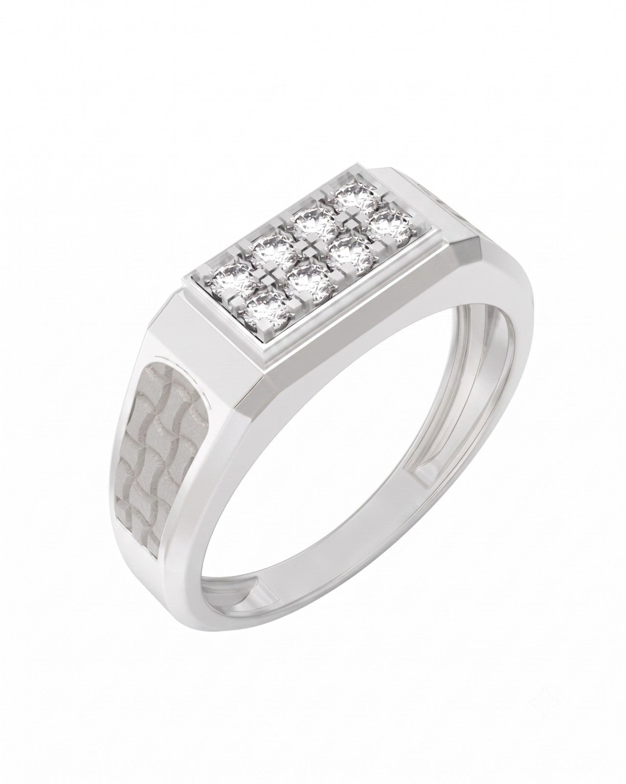 A men's signet ring in white gold with a diamond rectangular, shown on a plain white background.