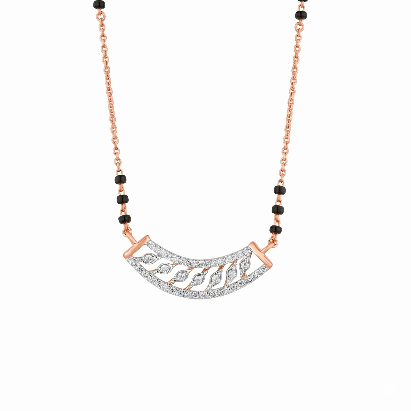 Mangalsutra with rose gold chain and diamond mangalsutra on a white background