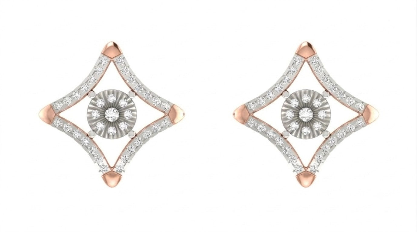 Pair of rose gold and diamond stud earrings on a white background