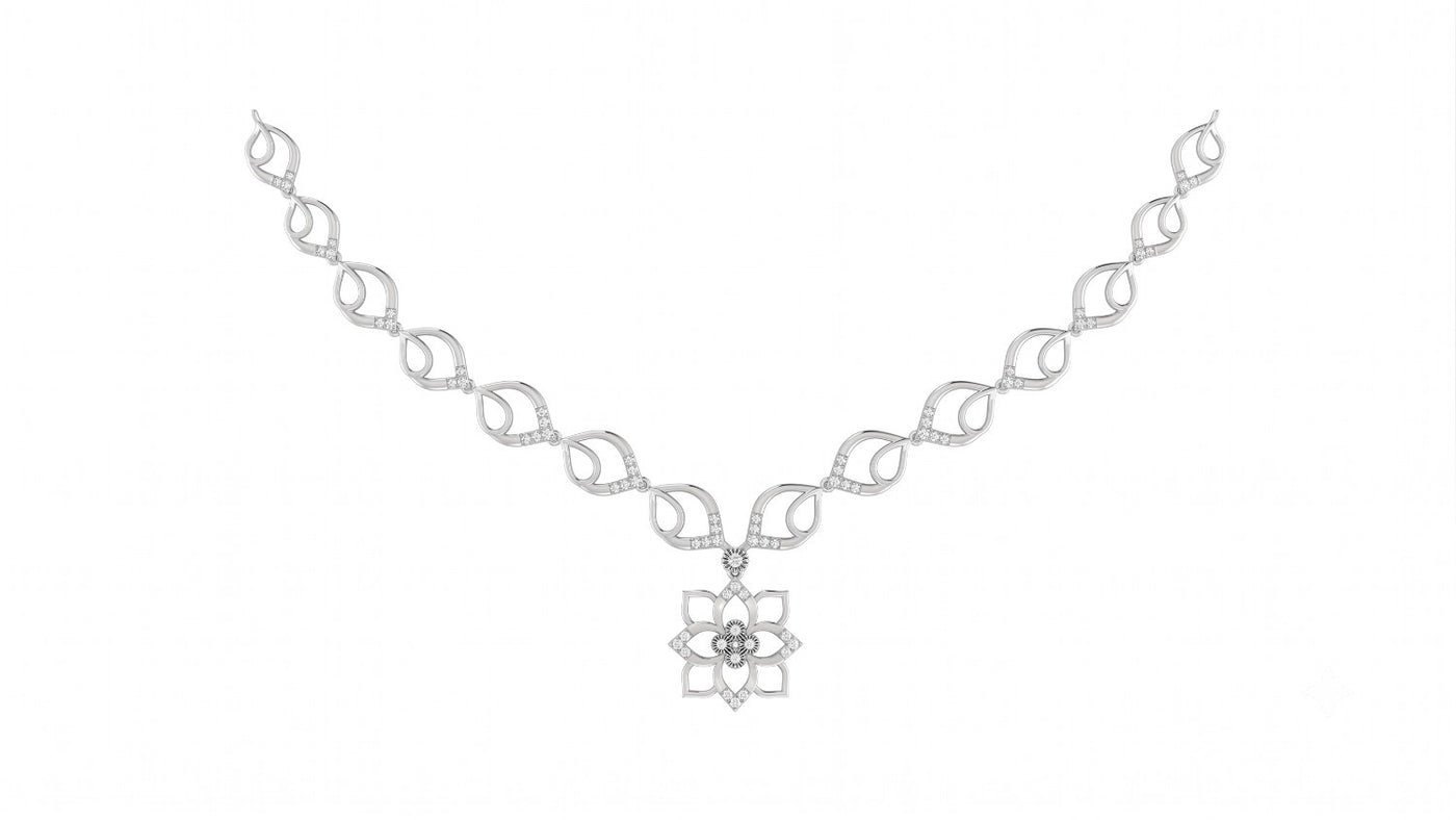 A white gold and diamond necklace featuring a central floral design, displayed on a solid white background.