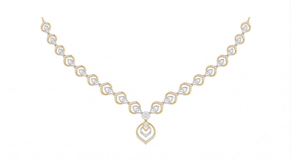 A delicate yellow gold and diamond necklace set, displayed on a solid white background.