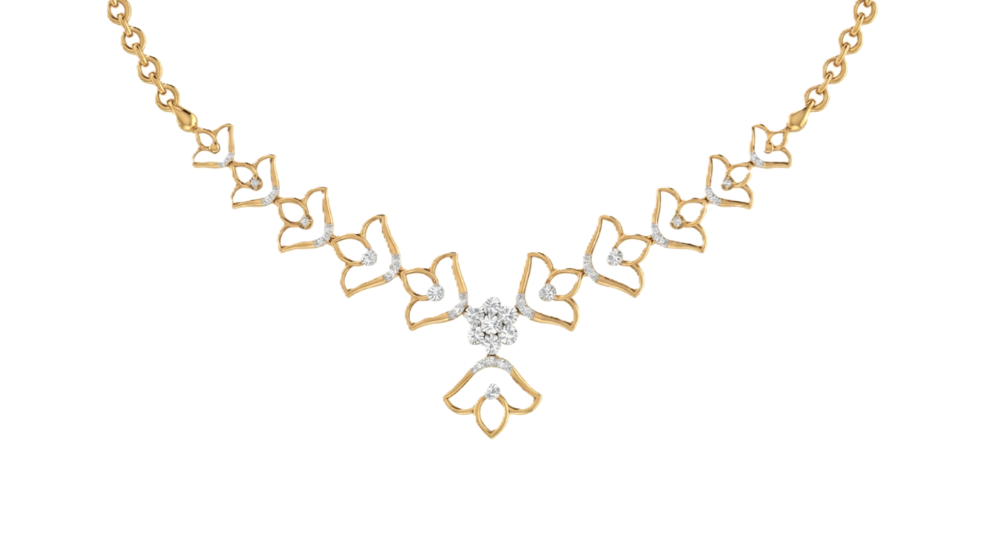 Yellow gold necklace with butterfly designs on a white background