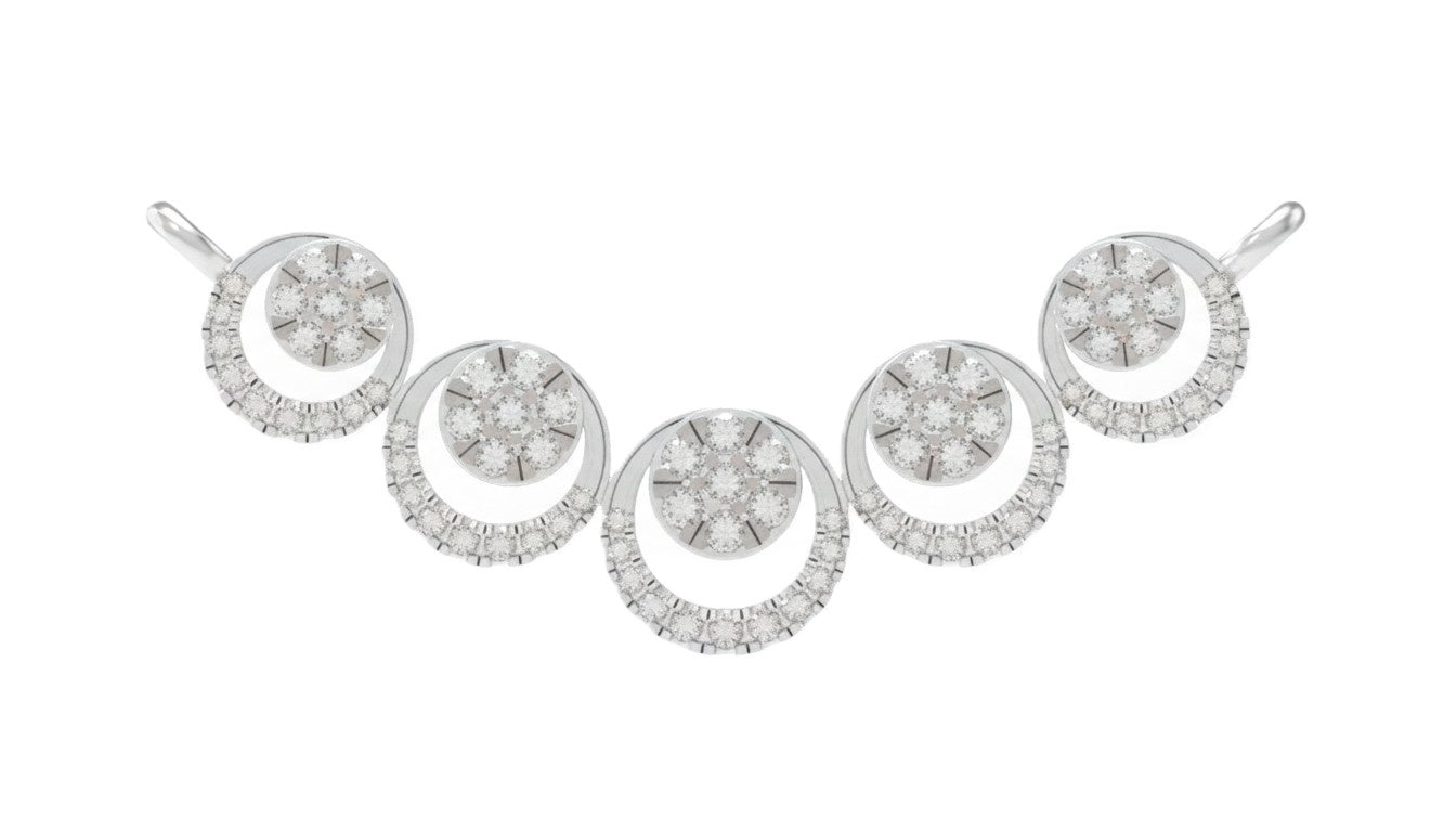 A white gold and diamond mangalsutra featuring five interlocking circular motifs on a plain white background.